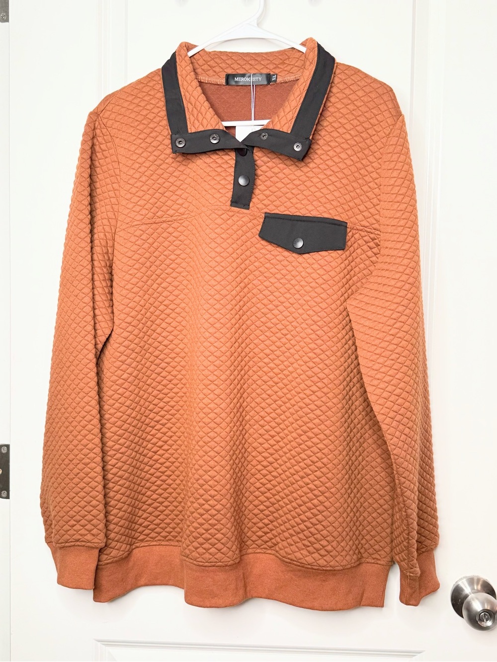 MEROKEETY Womens XL Rust Orange Quilted Pullover Snap Collar Sweatshirt